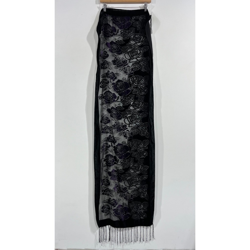 VTG Whimsigoth Y2K Velvet Burnout Rose Dark Floral Fringe Scarf Evening Wrap OS